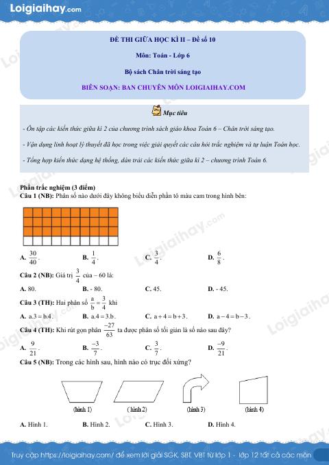 Đề thi giữa kì 2 Toán 6 Chân trời sáng tạo - Đề số 10